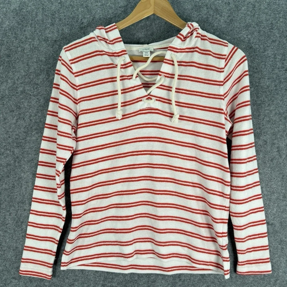 J Crew Sweater Womens XS Long Sleeve Terry Cloth Red Stripe Nautical Preppy Hood